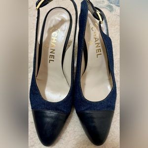 CHANEL  Denim/ Black Toe sling back.